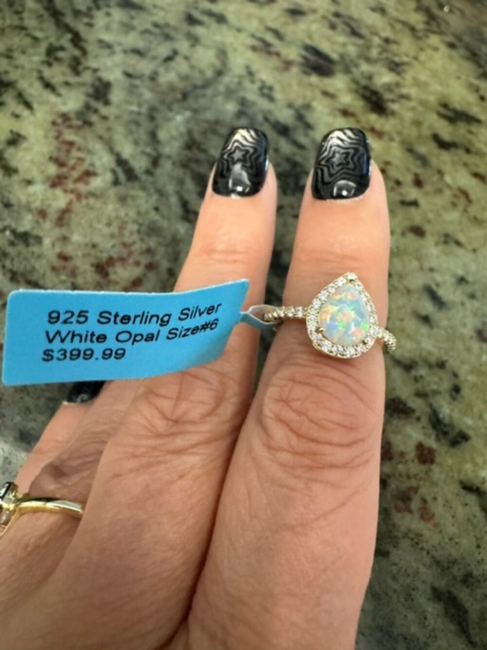925 Steling Silver Tear Drop Genuine White Opal w/Surrounding CZ's Ring Size 6